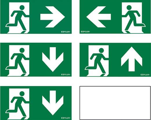 Vijf groene nooduitgangsborden tonen een rennende persoon met pijlen naar rechts, links, boven en beneden, die de vluchtroute aanwijzen.