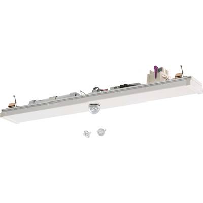 Witte rechthoekige plafondlamp met geïntegreerde sensoren en elektronische componenten.