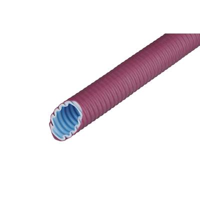 Een flexibele rode slang met blauwe binnenstructuur, kenmerkend voor industriële toepassingen, ligt op een witte achtergrond.