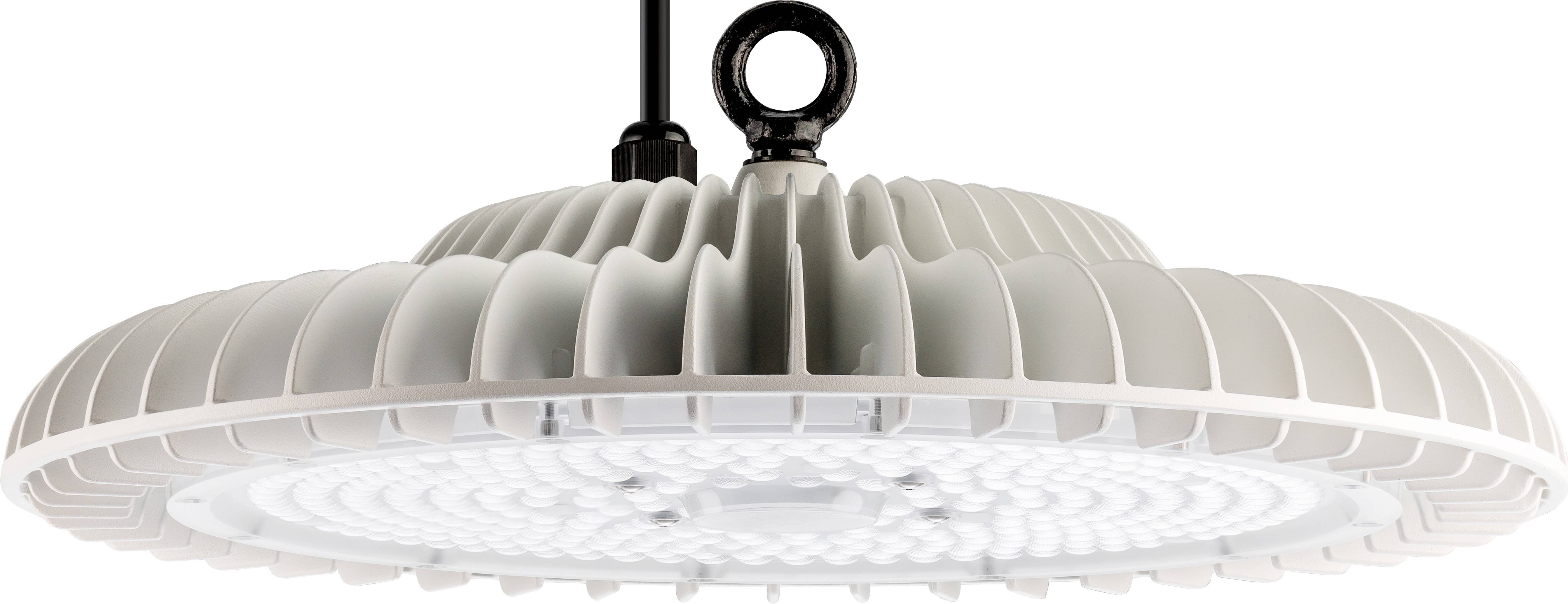 Industriële lamp in ronde vorm, wit met een geribbeld ontwerp; hangt aan een bevestiging. Ideaal voor grote ruimtes of magazijnhallen.