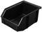 Zwarte kunststof opbergdoos met schuine voorkant en rechte zijwanden, geschikt voor het opslaan van kleine onderdelen in werkplaatsen.