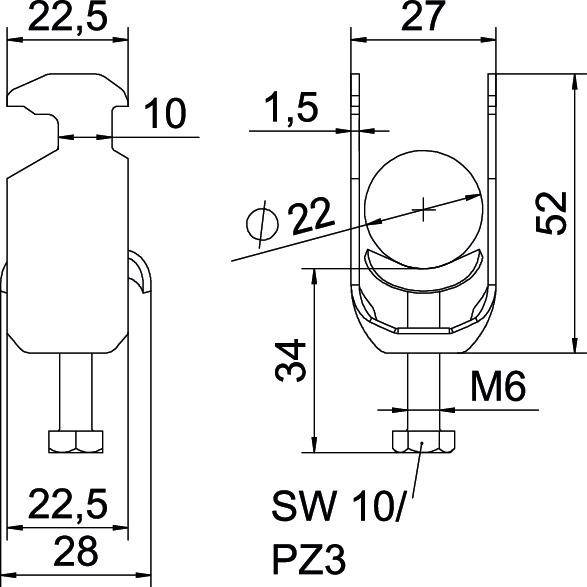 Technische tekening: Metalen steun met M6-schroefdraadschroef, afmetingen 22,5 x 52 mm, inclusief kogellageropening (Ø 22 mm).
