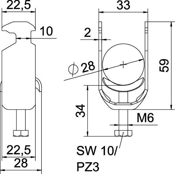 Technische tekening van een bouten- en lagerdeel met afmetingen: breedte 33 mm, hoogte 59 mm, booropening diameter 28 mm. Schroef M6.