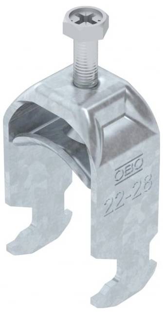 Metalen klem met 'OBO 22-28' tekst, voorzien van een schroef aan de bovenkant, gebruikt voor het bevestigen van kabels.