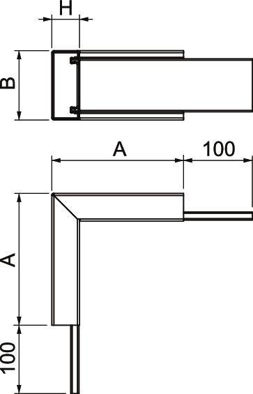 Technische tekening van een hoekprofiel, toont zij- en bovenaanzicht. Afmetingen: Breedte B, hoogte H, lengte A, twee segmenten van 100 mm.