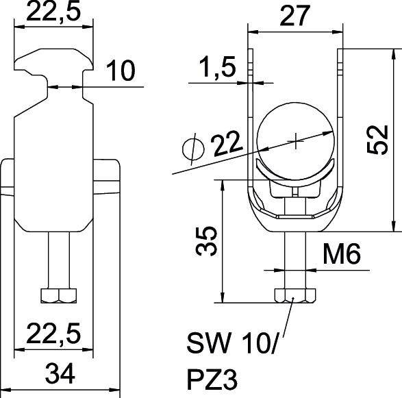 Technische tekening van een onderdeel met afmetingen in millimeters: Hoogte 52, Breedte 22,5, Diepte 27. Schroefdraadgrootte M6, Sleutelwijdte SW 10.