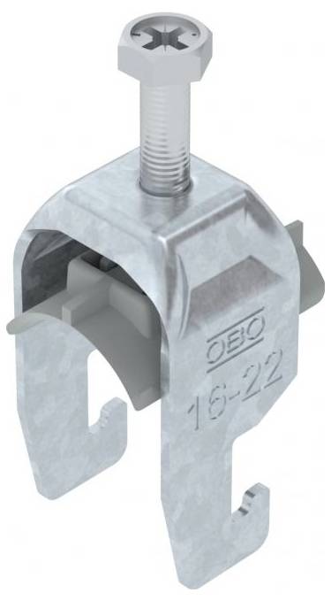 Een metalen klem met een schroef bovenop, gebruikt voor het bevestigen van kabels of buizen, met 'OBO 16-22' gegraveerd aan de zijkant.