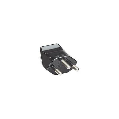 Zwarte netadapter met twee ronde stekkers, geschikt voor het omzetten van stekkervormen voor gebruik in verschillende landen.