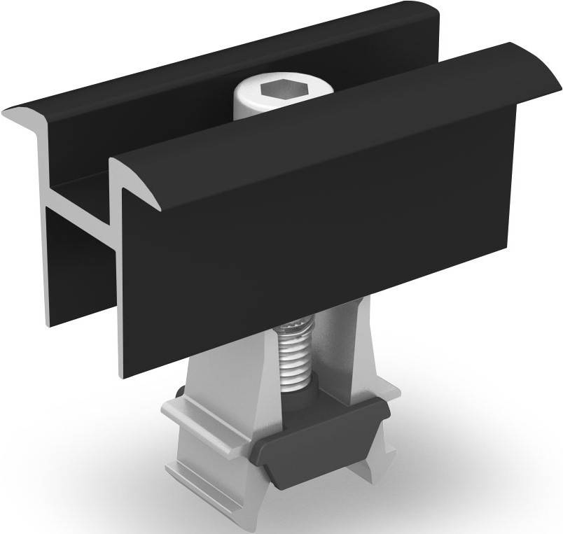 Metalen profielprofiel met zwarte kunststof coating, bevestigd op een zilveren sokkel met een schroefmechanisme.