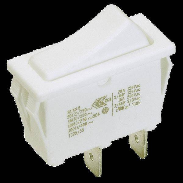 Een witte kipschakelaar met technische opdruk, geschikt voor elektrisch gebruik, toont de technische specificaties.