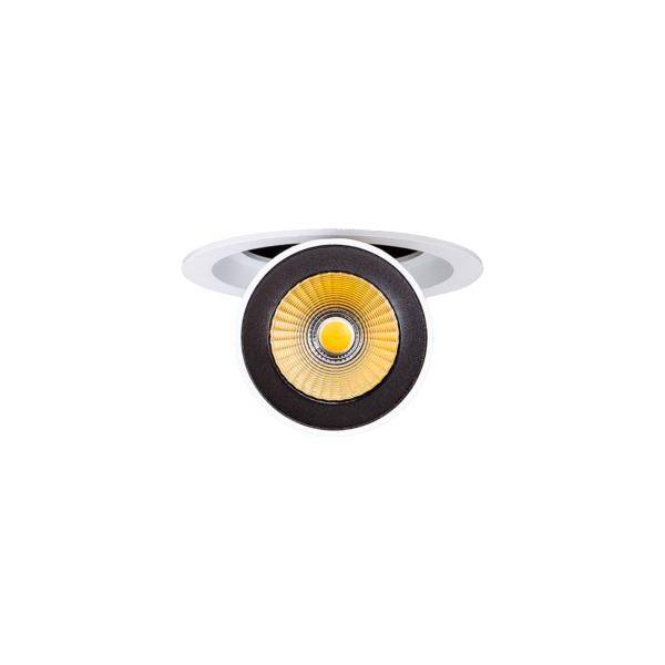 Inbouwspot met witte rand en geel LED-licht in het midden, weergegeven van vooraanzicht. Ideaal voor moderne plafonds.