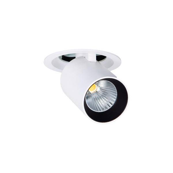 Een ronde, witte inbouwspot met zwarte binnenhouder en zichtbaar LED-lichtpunt.