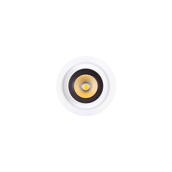 Een ronde LED-lamp met een gouden reflector in het midden, omgeven door een witte en zwarte rand.