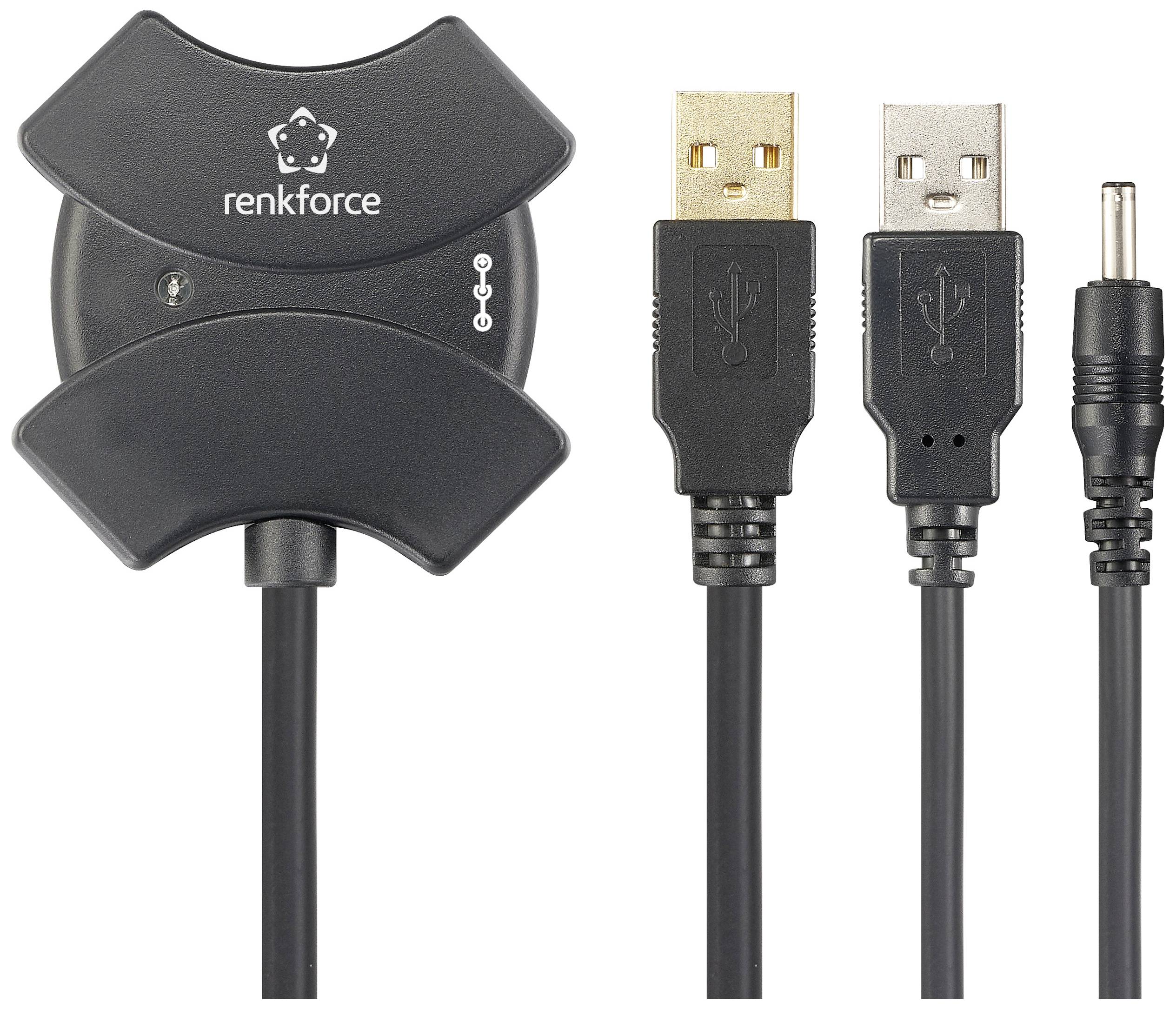 Een USB-C-adapter van 'renkforce' met drie kabels: twee USB-aansluitingen en een ronde stekker, geschikt voor verschillende verbindingen.