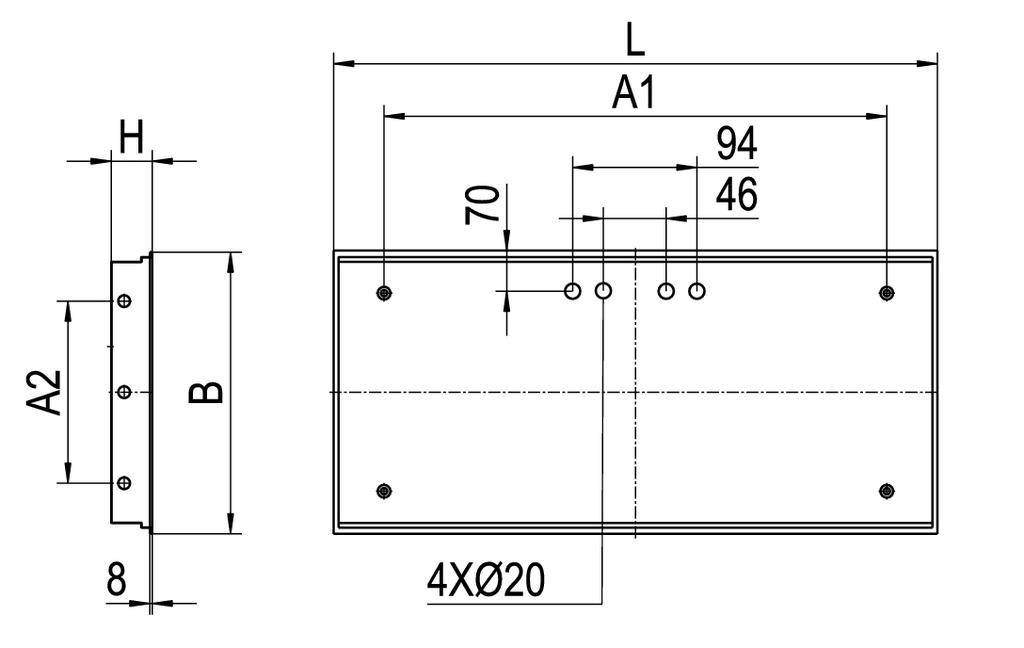 Technische tekening van een rechthoekige metalen plaat met afmetingen L, B, A1, A2, H en boringen van 4xØ20. Aanvullende maten 94, 70, 46 weergegeven.