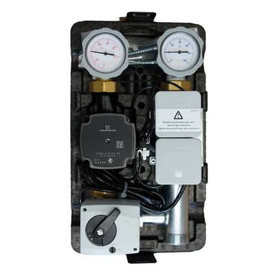 Een pompbesturing met drukmeetapparatuur en elektronische componenten op een zwarte basis.
