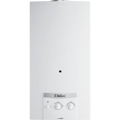 Tekening van een gasgestookte wandverwarmingstoestel met aansluitingen (gas-, koud water-, warm water- en afvoerverbindingen) en afmetingen in mm.