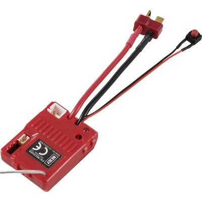 Een rood elektronisch apparaat met kabels, dat mogelijk deel uitmaakt van een afstandsbediend systeem, uitgerust met een schakelaar.