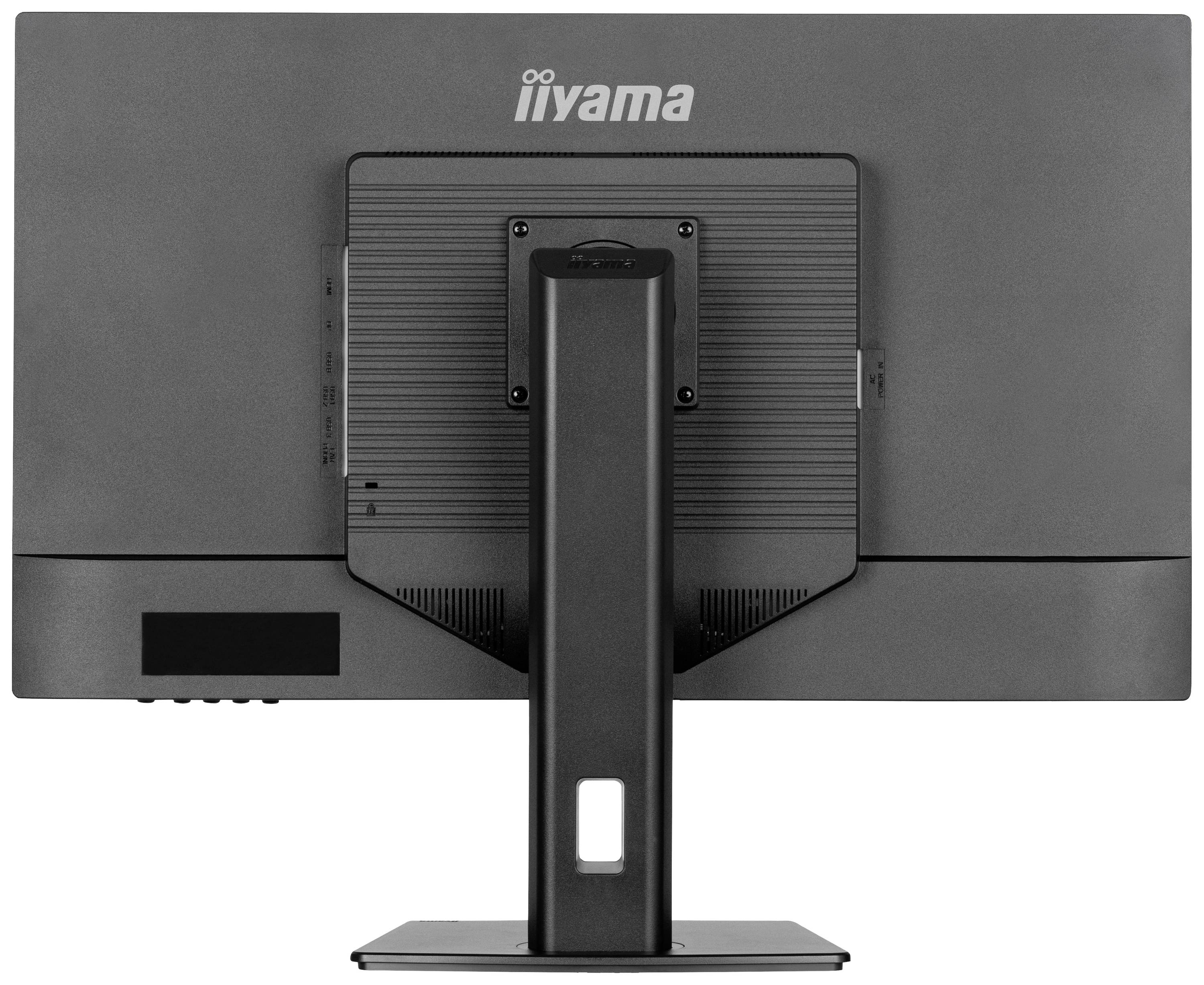 Een computerscherm met het 'iiyama' logo op de achterkant. De monitor staat op een stabiele voet.
