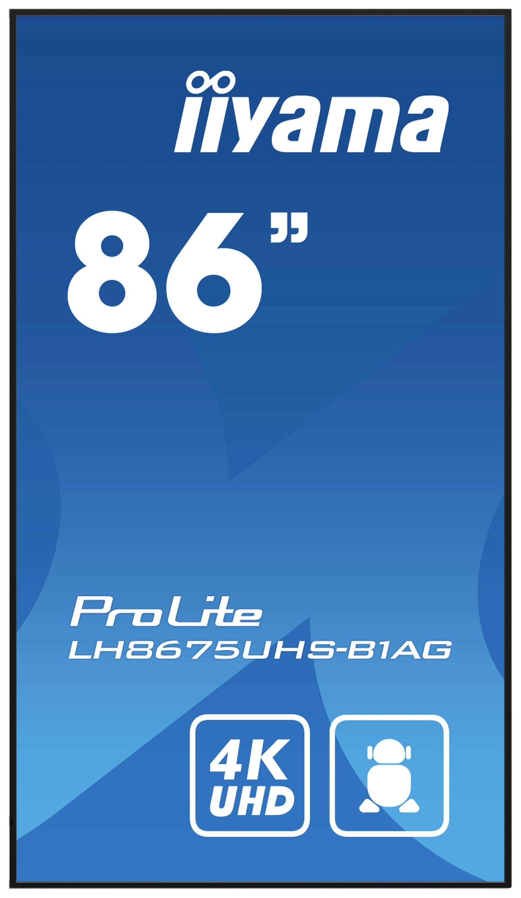 'Afbeelding van een iiyama ProLite 86" display, model LH8675UHS-B1AG, met 4K UHD resolutie. Geschikt voor professionele presentaties.'