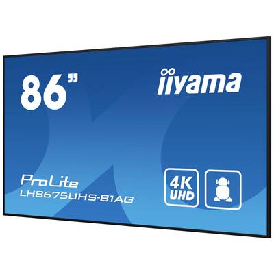 Blauwe monitor met de tekst '86"' en 'iiyama'. Onderaan 'ProLite LH8675UHS-B1AG' en symbolen voor 4K UHD en gebruiker.