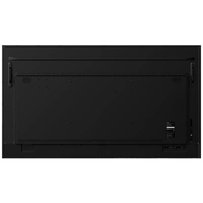 Achterkant van een grote, zwarte flatscreen-tv. Bevestigingspunten zijn zichtbaar en een informatielabel bevindt zich rechtsonder.