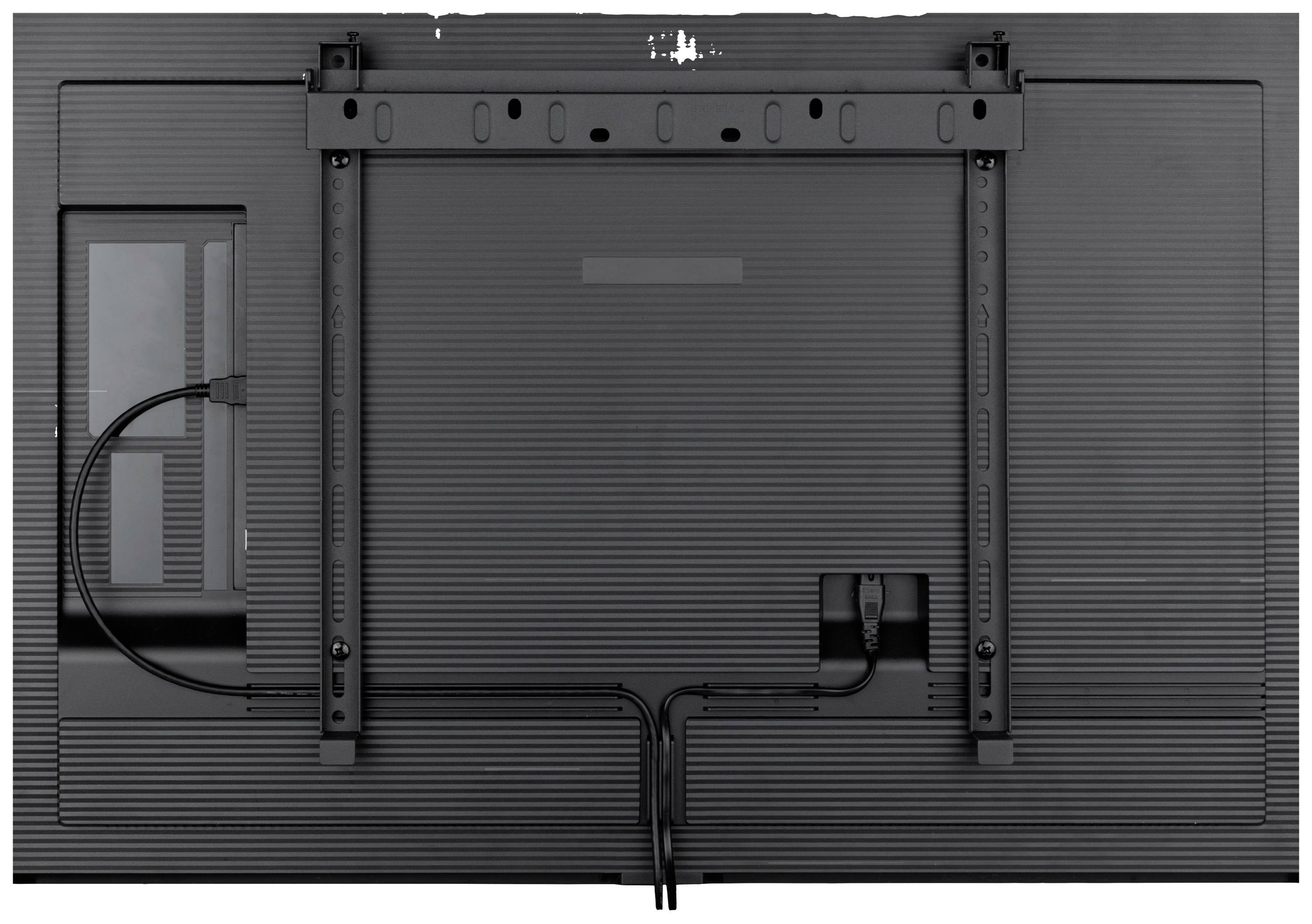 Achterkant van een televisie met bevestigingssteun en kabelaansluitingen. Kabels lopen van het midden naar beneden.