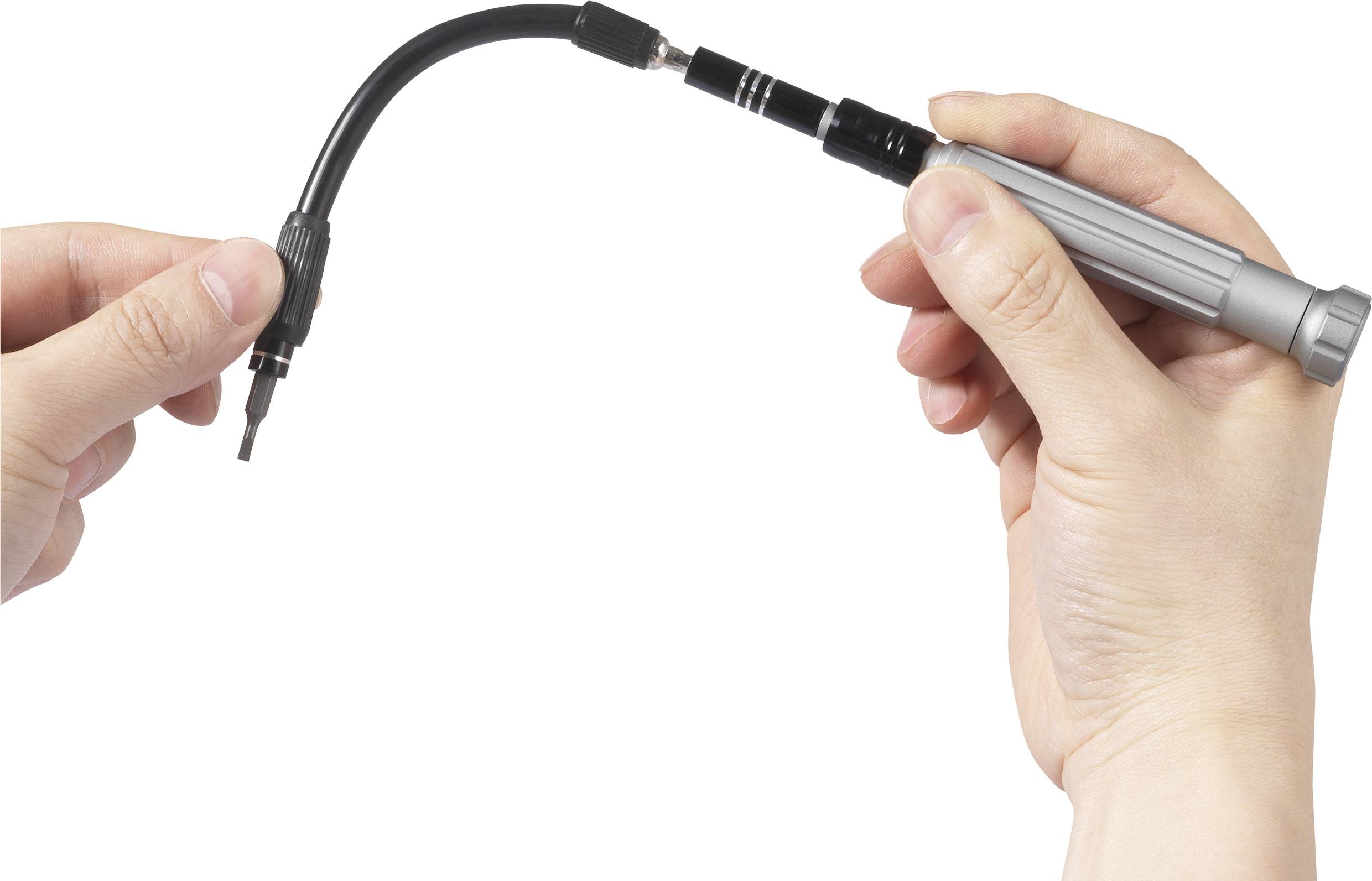 Twee handen houden een flexibele schroevendraaier met een buigzame as, geschikt voor moeilijk bereikbare plaatsen.
