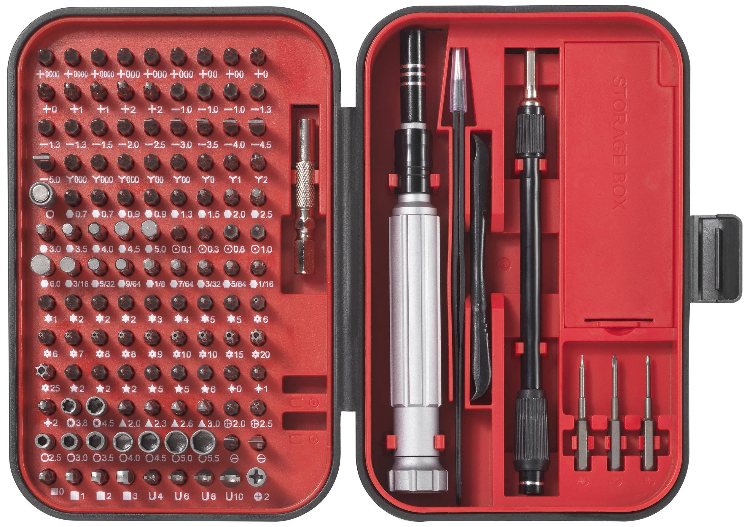 Een rood gereedschapsset met talrijke schroevendraaierbits, handgrepen en gereedschappen voor reparatiewerkzaamheden, netjes gerangschikt in een open etui.
