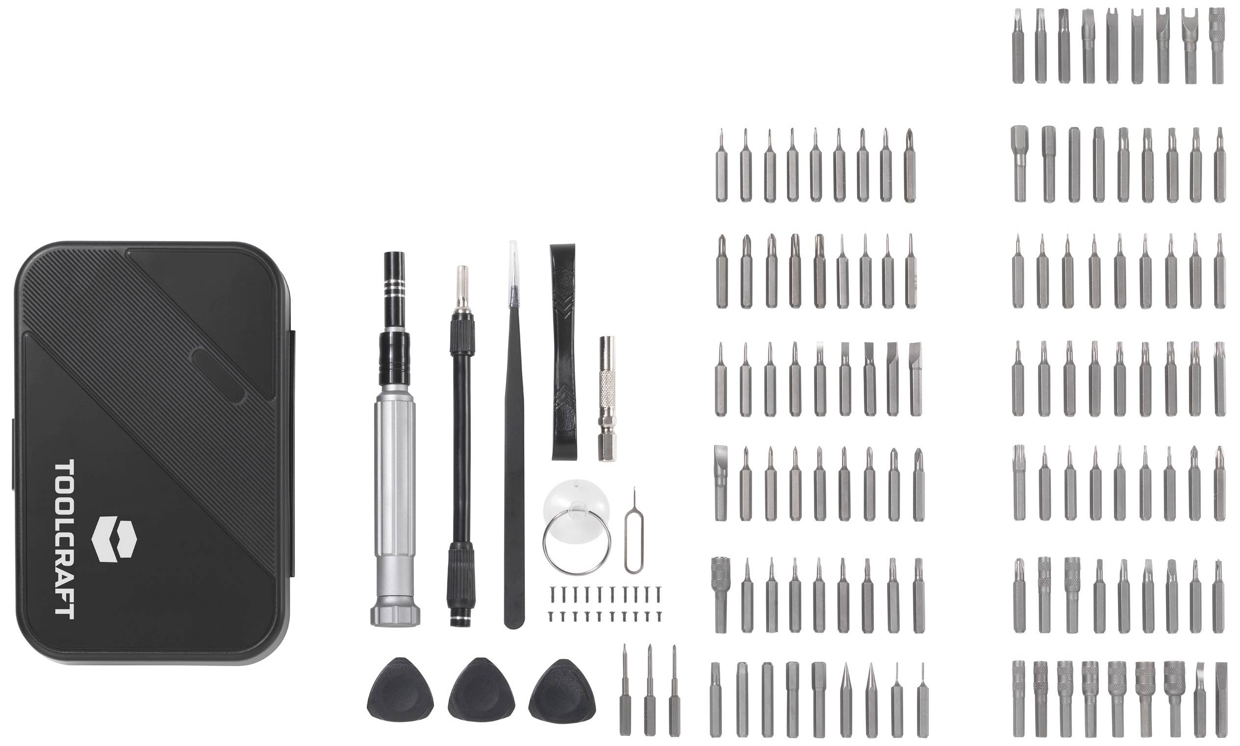 Schroevendraaierset met verschillende bits, magnetische gereedschappen en accessoires voor het repareren van elektronische apparaten.