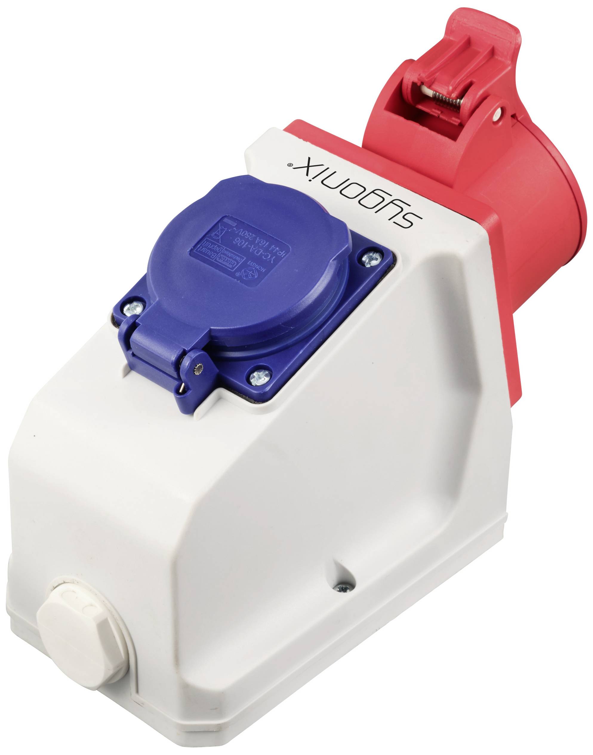 Industriële contactdoos met rode stekker en blauwe bus, merk 'SLDOMIX', in wit en rood. Geschikt voor sterke elektrische verbindingen.