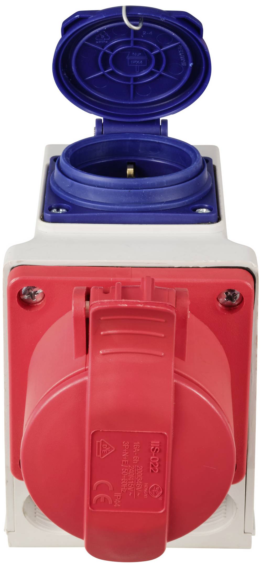 Industriële contactdoos met rode schakelaar en blauwe afdekking, geschikt voor hoogpresterende verbindingen.