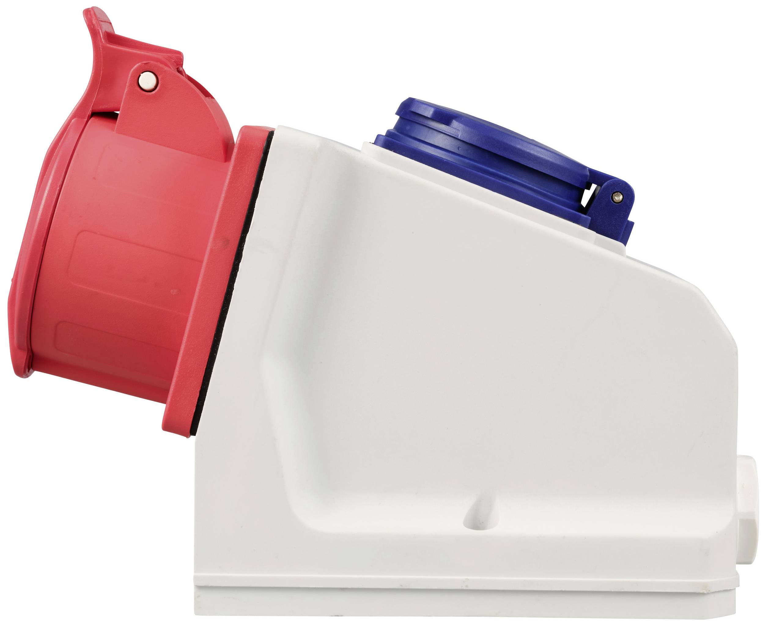 Industriële elektrische stopcontact met rode en blauwe aansluiting, gemonteerd op een witte basis.