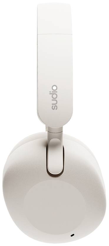 Witte over-ear koptelefoon met een minimalistisch design, zijaanzicht.