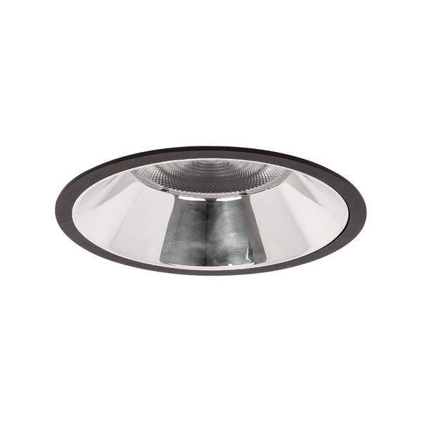 Ronde, zilveren plafondlamp met zwarte rand, geschikt voor moderne interieurs.