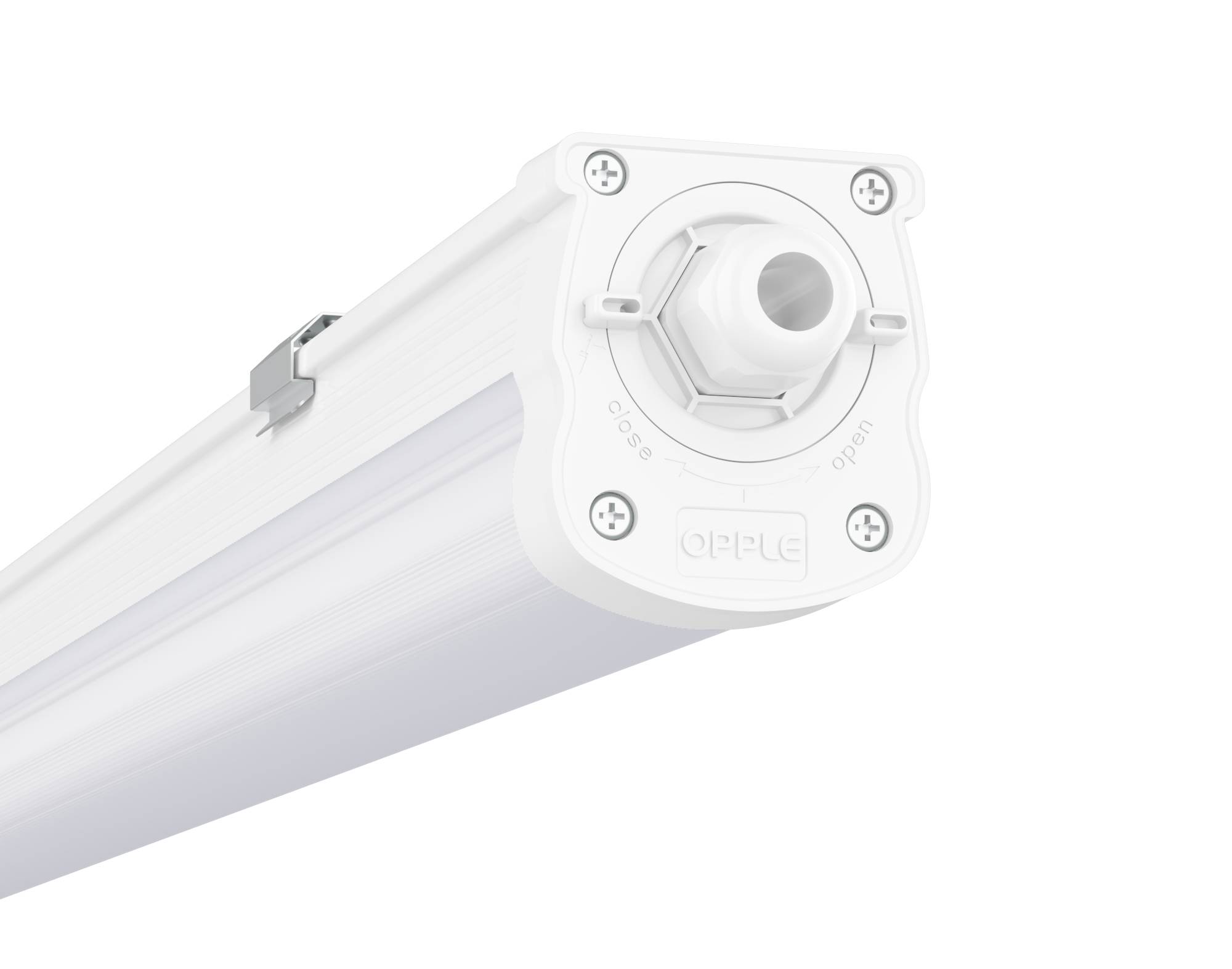 Witte LED-buisverlichting close-up, toont rechthoekig ontwerp en bevestigingselementen.
