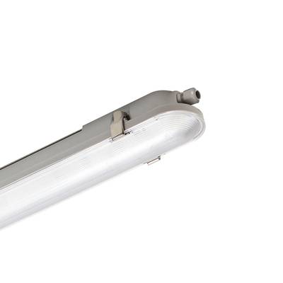 Een langwerpige LED-lamp in een wit behuizing, schuin van onderen gefotografeerd. De lamp heeft een helder, geribbeld afdekking.