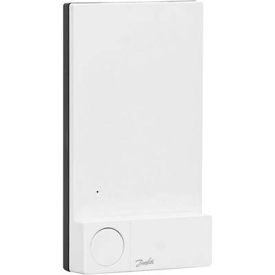 Een witte, rechthoekige verwarmingsregelaar. Linksonder bevindt zich een rond stelwiel voor temperatuurregeling.