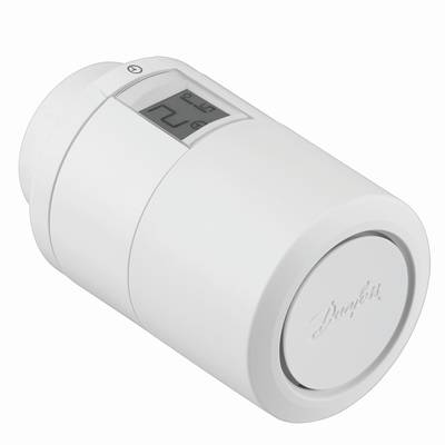 Elektronisch thermostaatventiel in het wit met digitale weergave, toont huidige temperatuur van 21 graden Celsius. Geschikt voor radiatoren.