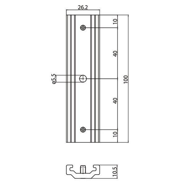 Technische tekening van een profiel met afmetingen: 100 mm hoogte, 26,2 mm breedte, 10 mm dikke zijden, 40 mm en 10,5 mm tussenruimtes.