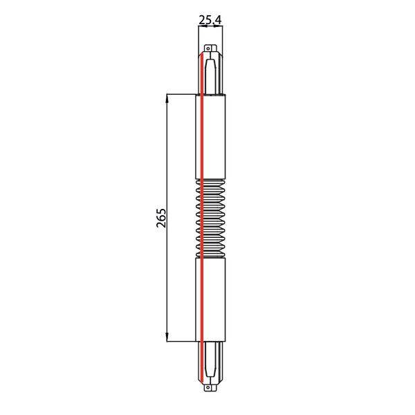 Een technische tekening toont een veer met de afmetingen 265 mm lengte en 25,4 mm breedte.