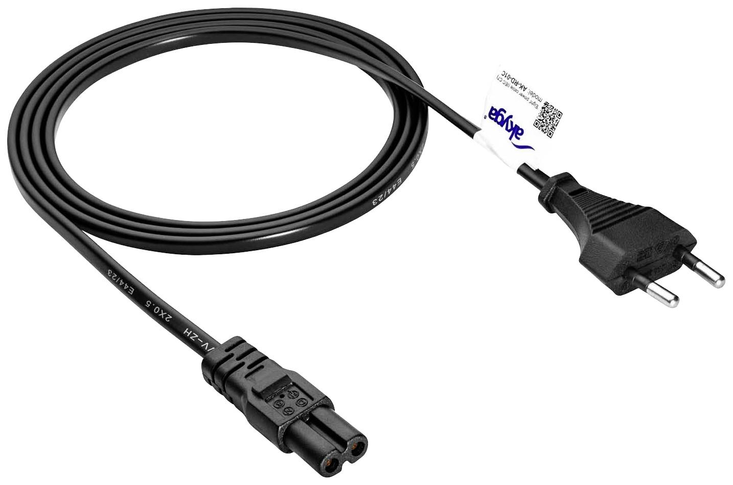 Zwart netkabel met Eurostekker en apparaatstekker, geschikt voor huishoudelijke apparaten en elektronische toestellen.