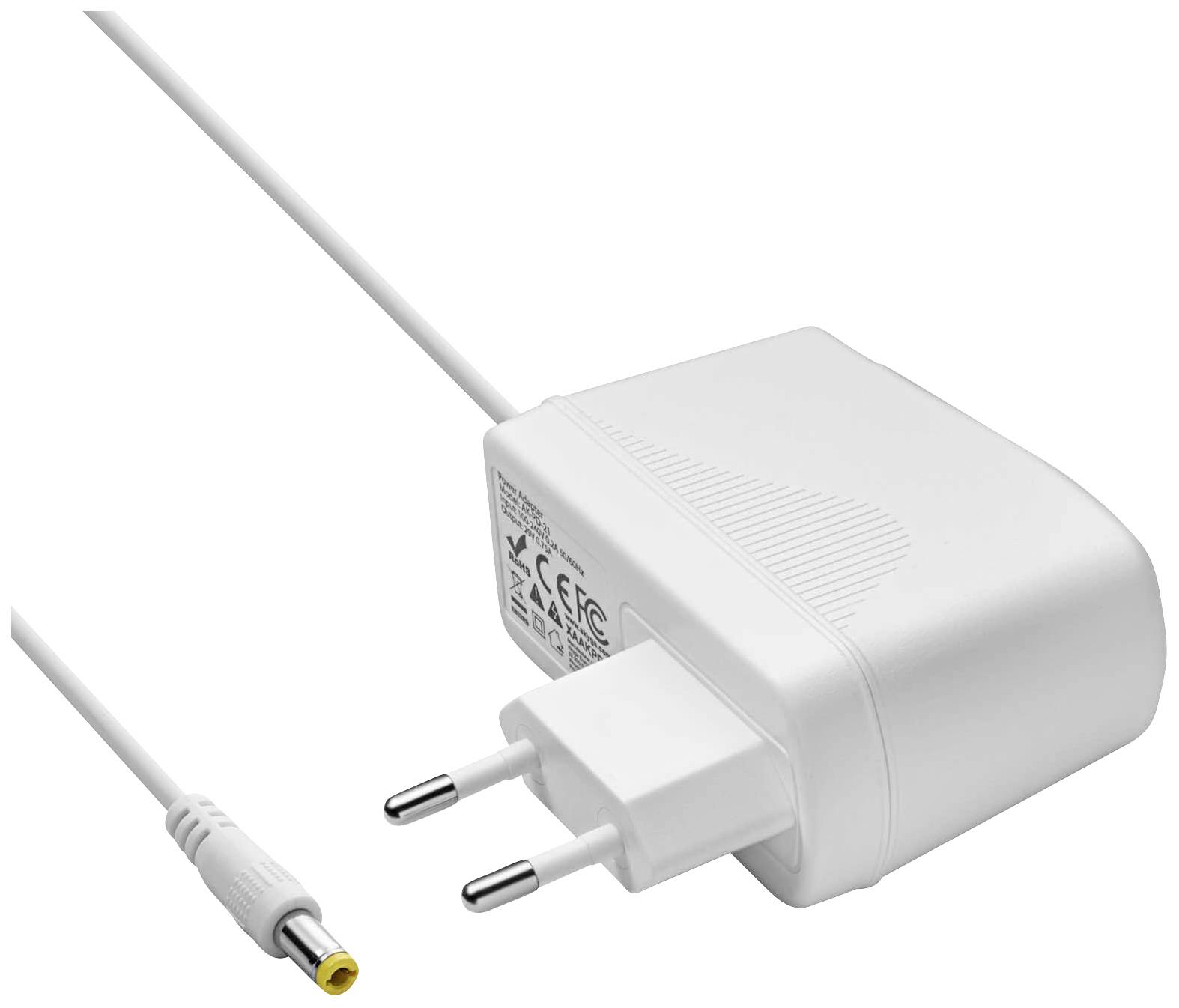 Een wit voedingsadapter met een Europese stekker en een kabel met een gele aansluiting, geschikt voor elektronische apparaten.