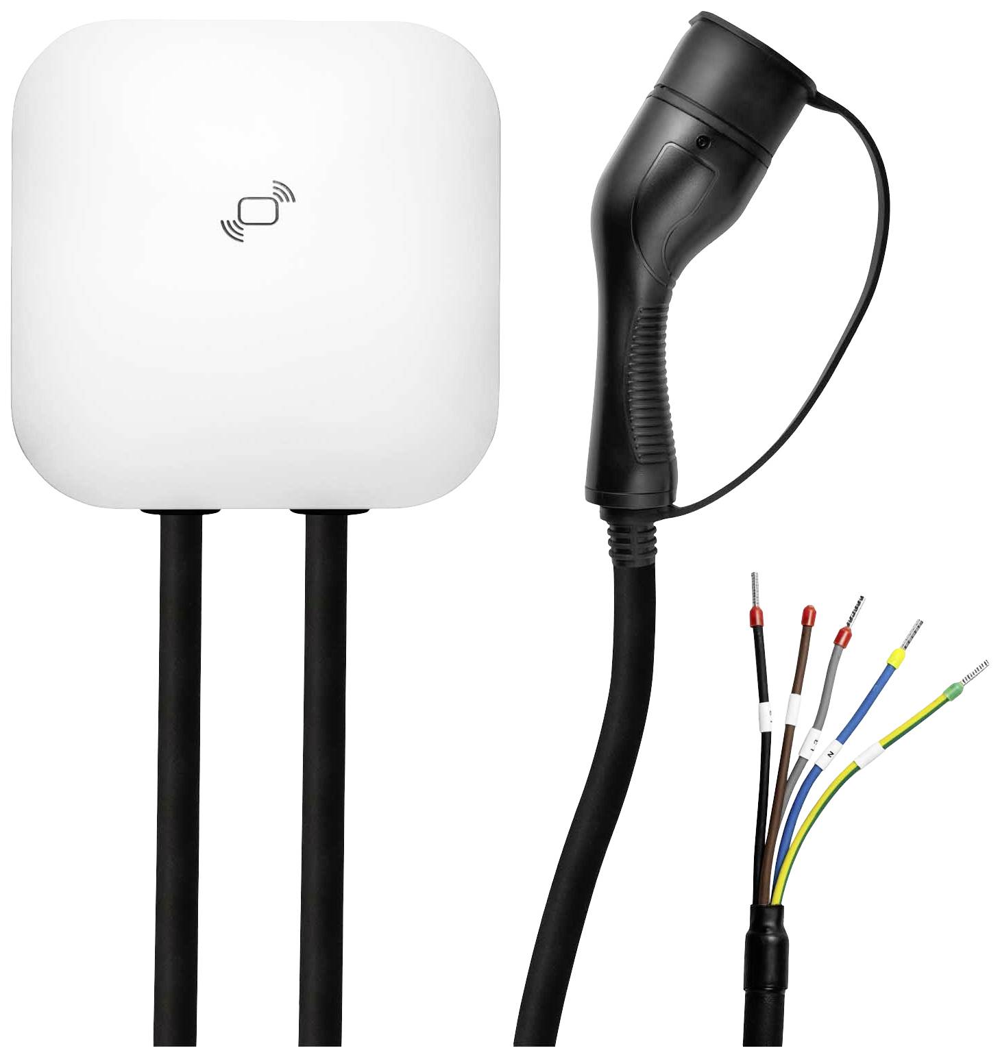 Oplader met kabels en stekker voor elektrische voertuigen, inclusief kleurgecodeerde kabeluiteinden voor installatie.