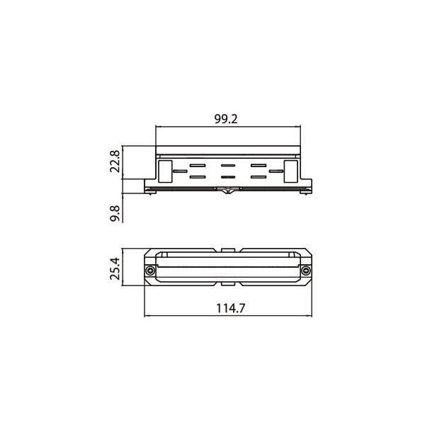 Technische tekening van een rechthoekig onderdeel met afmetingen: lengte 114,7 mm, hoogte 25,4 mm, breedte 99,2 mm, diepe uitsparingen.