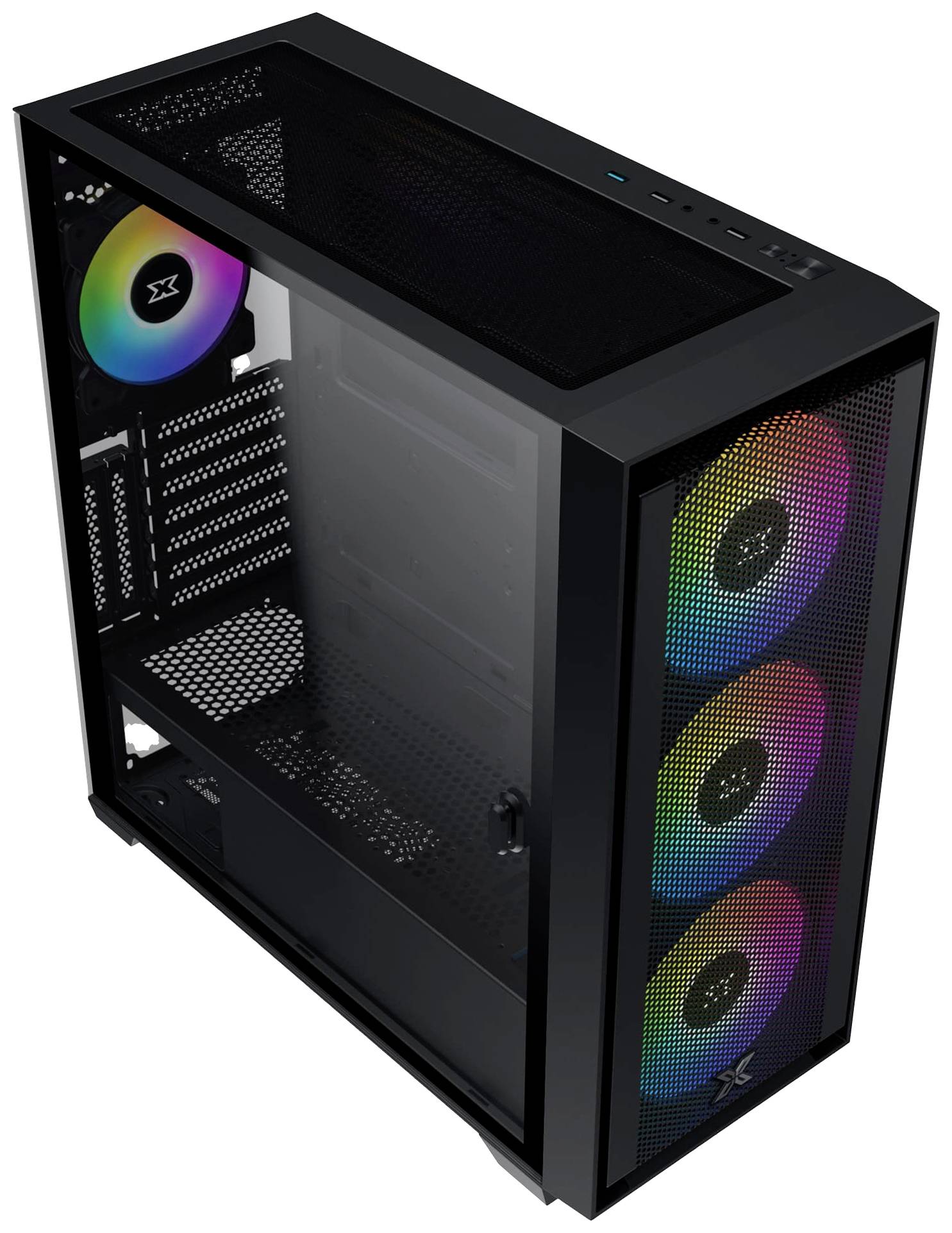 Pc-behuizing met drie voorste en één achterste RGB-ventilator. Ruime binnenkant voor hardware-installatie.
