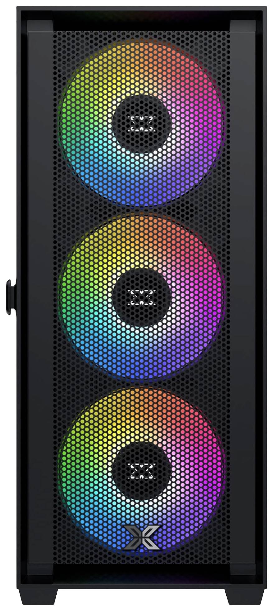 Een computerbehuizing met drie vooraan geplaatste, verlichte ventilatoren die in regenboogkleuren oplichten.