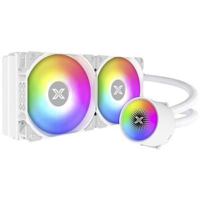 Witte computerkoeling met twee ventilatoren en RGB-verlichting. Logo in het midden van de ventilatoren en op de pomp.
