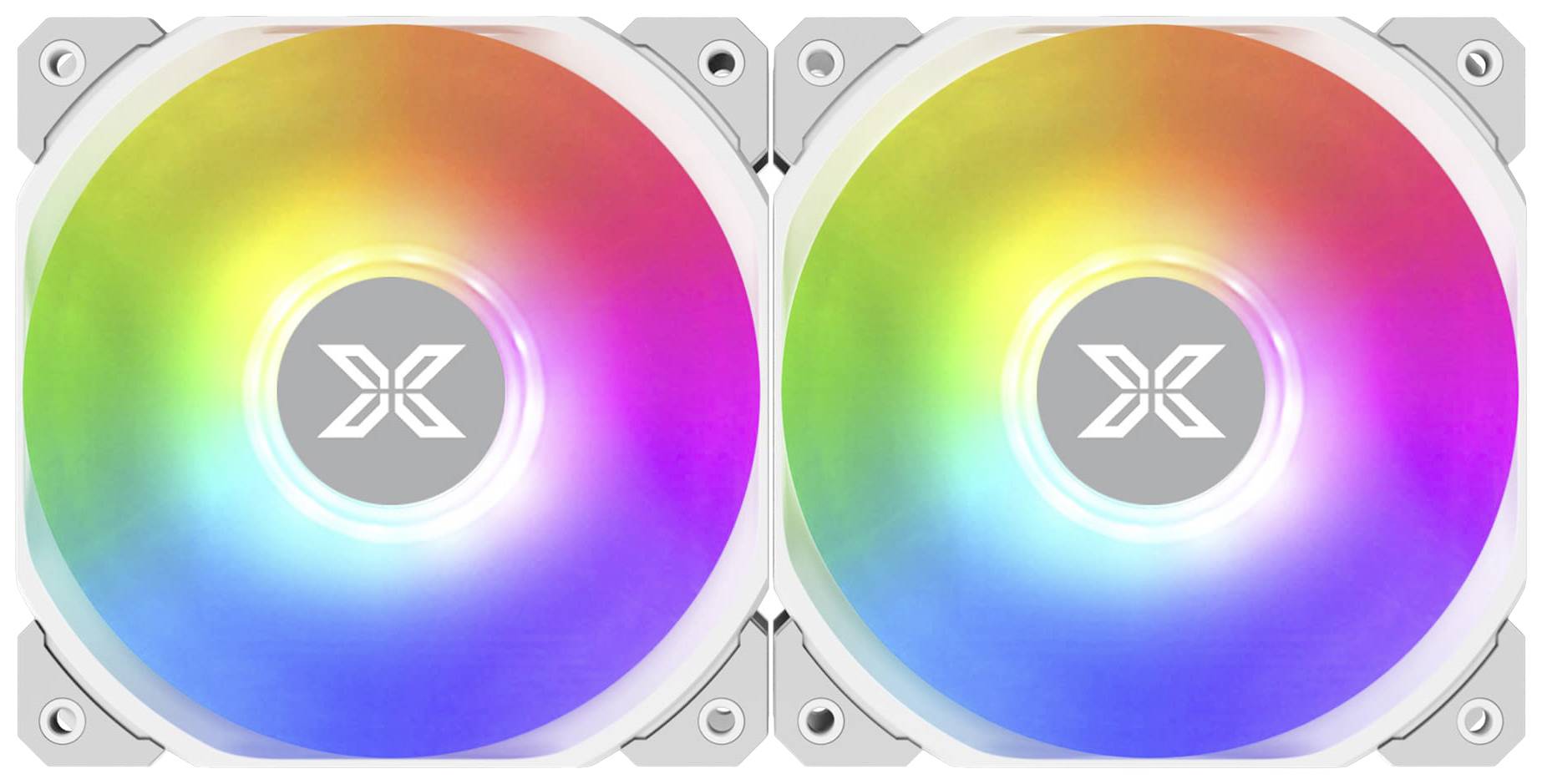 Twee pc-ventilatoren met lichtgevende, kleurrijke LED-verlichting in regenboogkleuren op een witte achtergrond.