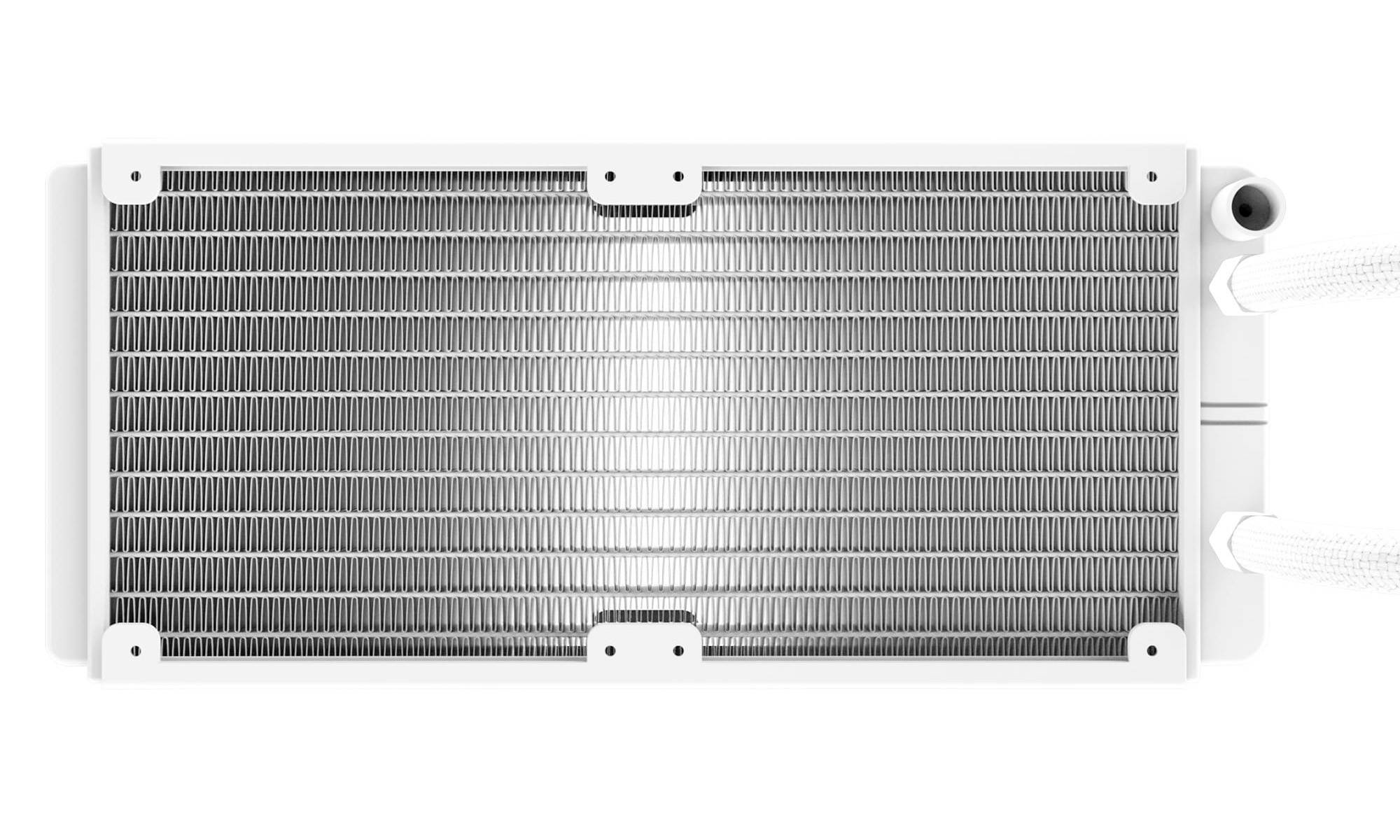 Een witte, rechthoekige computerkoeler met ventilatiesleuven en aansluitingen aan de rechterkant, gezien van bovenaf.